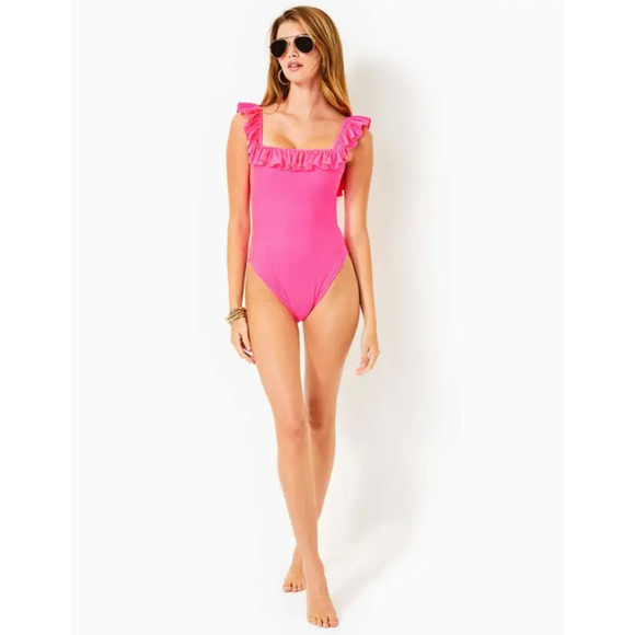 LILLY PULITZER Aemma Ruffle One-Piece Swimsuit Size 14 Roxie Pink Ribbed NWT - Picture 2 of 12